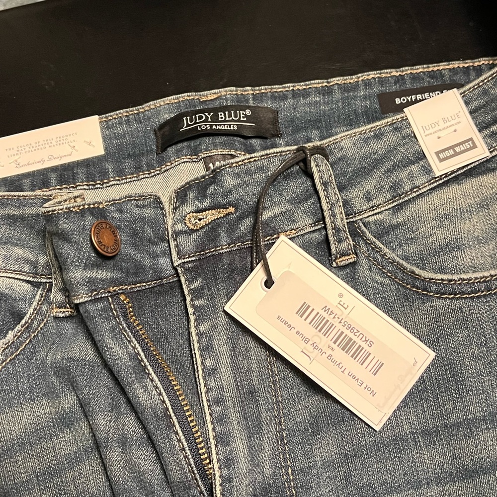 Judy, blue jeans, size 14 W, slight distressing, great color of denim